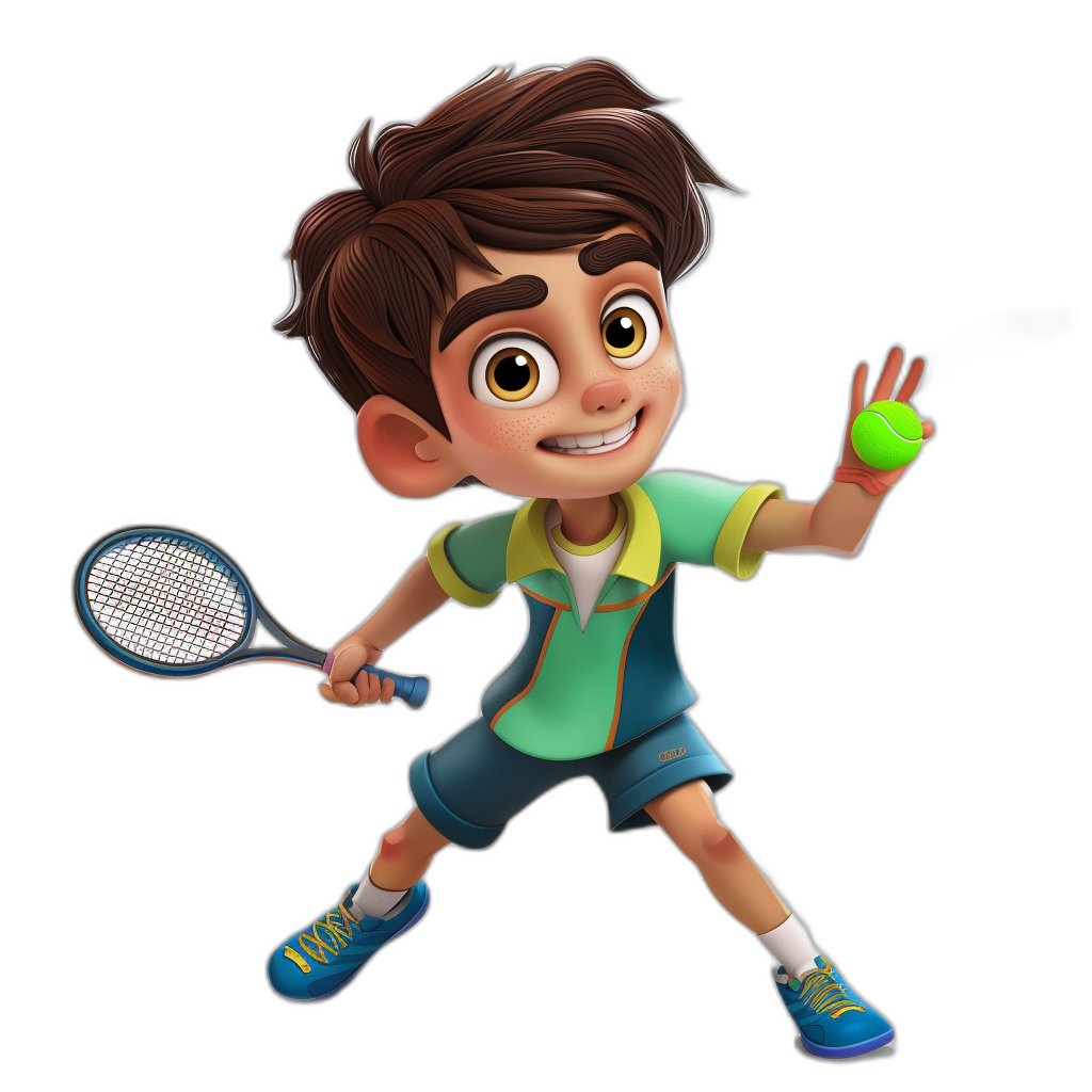 A cute boy playing tennis, with brown hair and wearing blue shorts, a green shirt, and yellow shoes in the style of Pixar Disney character design. He is holding the racket in his right hand and hitting an apple on it. The overall color scheme of bright colors creates vitality. In the style of anime, 2d game art style .