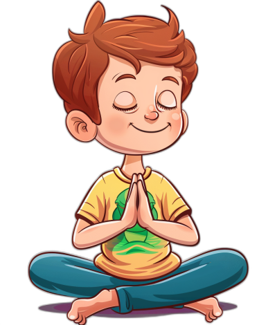 A cartoon boy doing yoga in the style of clip art, isolated on a black background, cute and happy.