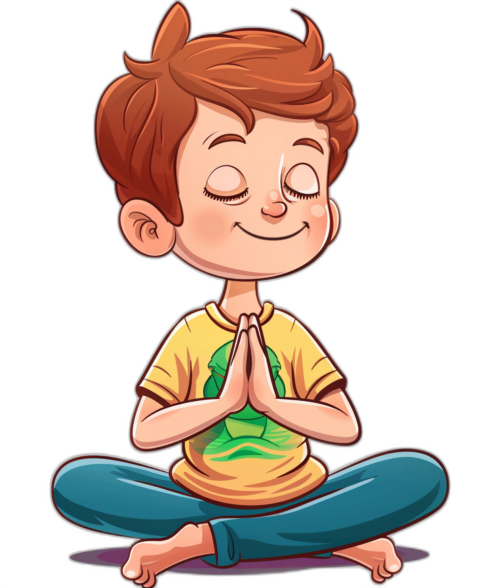 A cartoon boy doing yoga in the style of clip art, isolated on a black background, cute and happy.