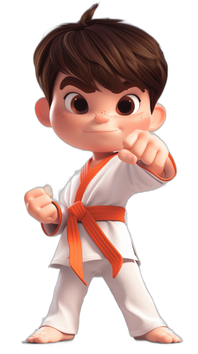 A cute baby boy with brown hair doing karate in the style of Pixar, a white and orange outfit on a black background, with a character design in the Pixar style.