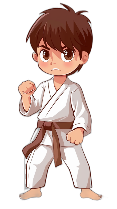 chibi style cartoon boy in a karate outfit, with brown hair and eyes wearing white pants on a black background in the style of an anime artist.