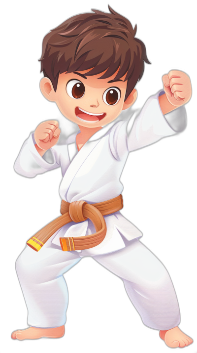 An adorable full-body illustration of a cute boy in a white jiu-jitsu uniform, with a brown belt around his waist and a black background. He is doing karate stances with both hands raised up, smiling brightly at the camera. The character should have big eyes and dark hair. This design will be used for T-shirts in the style of children aged five to seven years old. It must have no shadows or reflections.