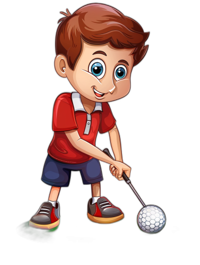 A cute cartoon of a boy playing golf, with a red t-shirt and blue shorts, against a black background, in a full body shot with his legs.