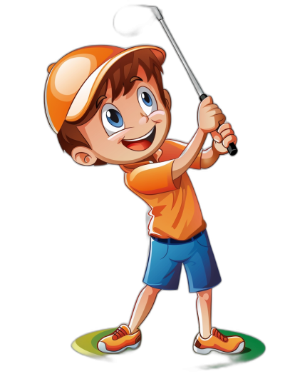 A young boy playing golf, cartoon style vector illustration with black background. The character is wearing an orange t-shirt and blue shorts, holding the club in his hand while smiling at camera. He has bright eyes and brown hair with white highlights on top of it, dressed as if he's ready to play. This design could be used for graphics or caricatures related to sports such as basketball, baseball, football, tennis, hockey, soccer, etc., isolated on dark background