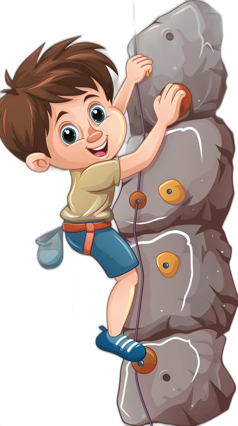 cartoon child boy climbing rock wall, clip art for stickers, black background. The image shows a cartoon child boy climbing a rock wall in the style of clip art for stickers against a black background.