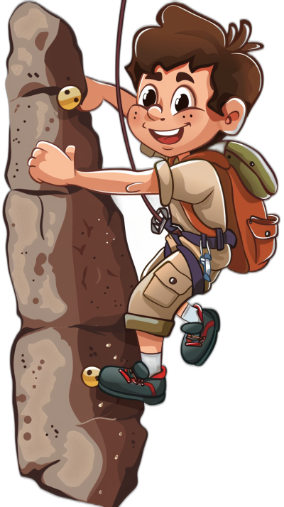 cartoon boy climbing a rock wall, with brown hair and wearing tan shorts with a backpack, in the vector art style, clipart on a black background