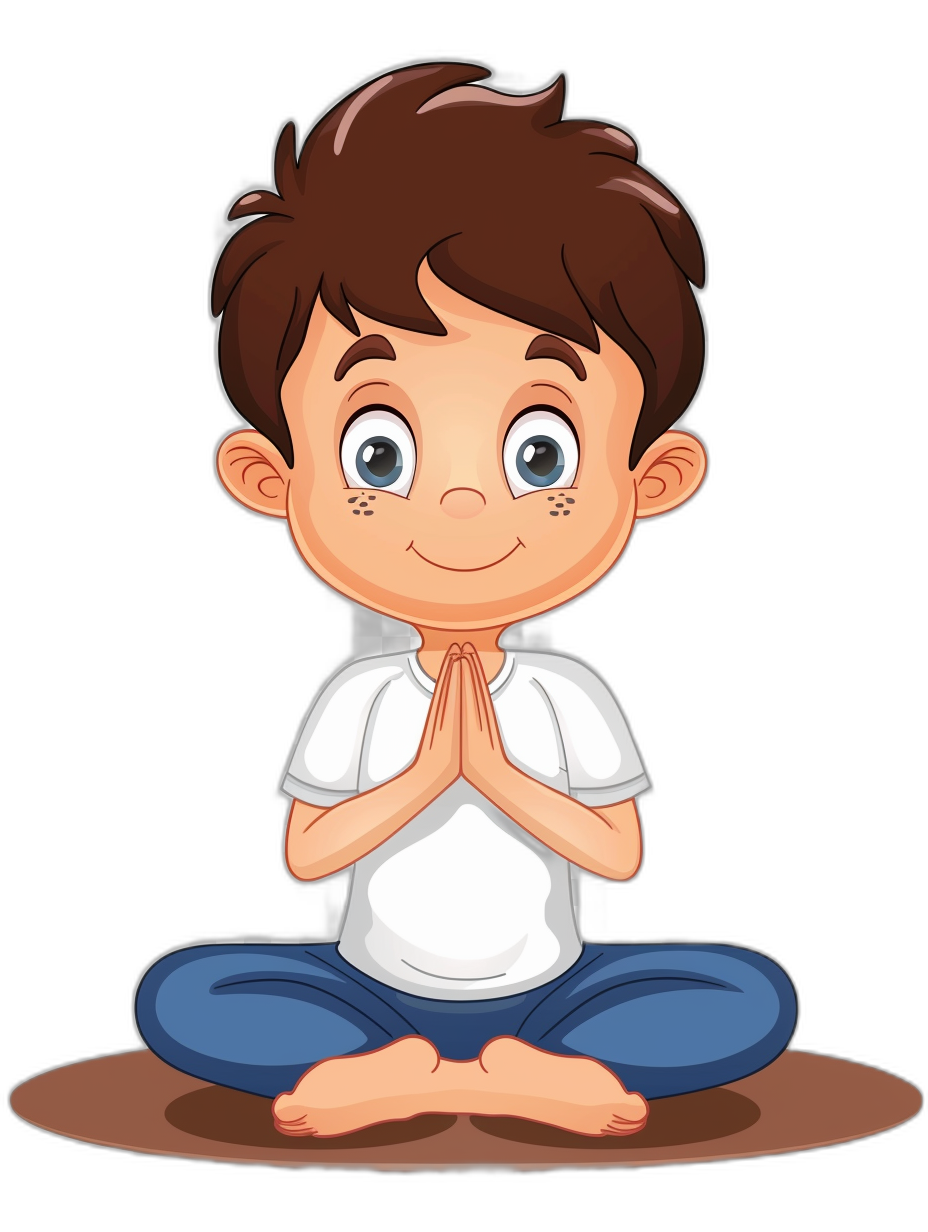 A cute little boy is doing yoga, sitting cross-legged with his hands clasped together and smiling at the camera. He has short brown hair and blue eyes, wearing a white t-shirt and dark jeans. Vector illustration in the style of on a black background.