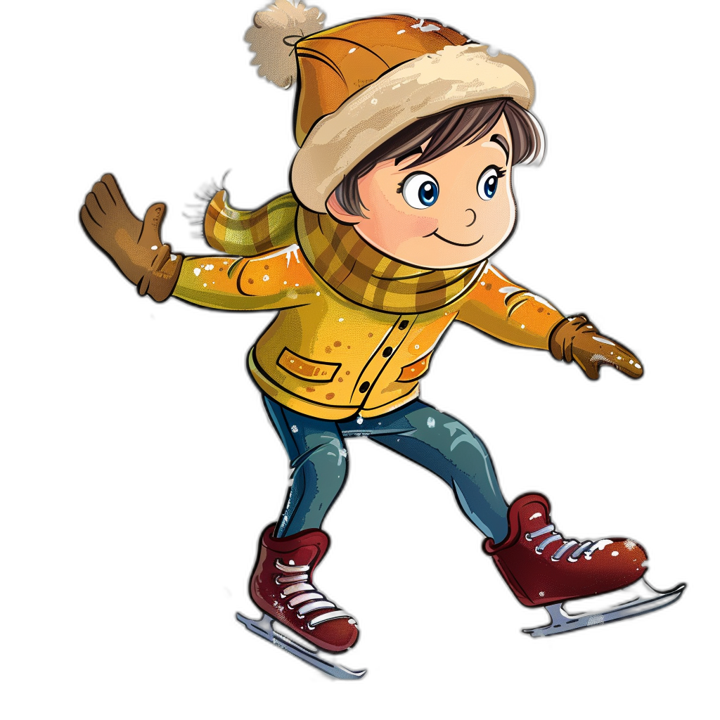 a cute cartoon of boy skating on ice, clip art for stickers, black background , winter  and gloves