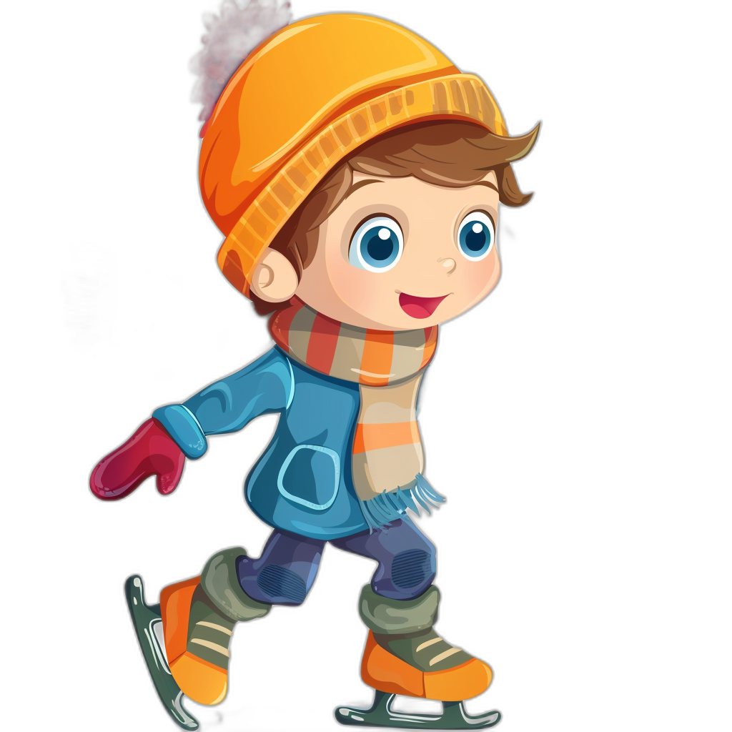 A cute cartoon boy ice skating in a clip art style with a black background. The little boy is wearing an orange hat and scarf, blue jacket, gloves, and skates on his feet, smiling happily at the camera. He has bright eyes that sparkle with excitement as he glides across the rink. Vector illustration for print or digital media design.