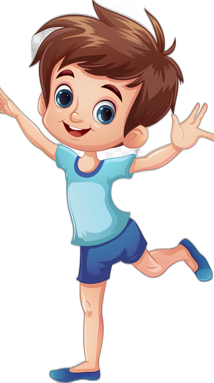 cartoon illustration of cute boy, brown hair and blue eyes wearing shorts with t-shirt doing random funny pose smiling, isolated on black background, children’s book style