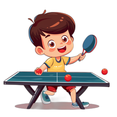 A cute cartoon boy playing table tennis in the style of vector illustration on a black background.