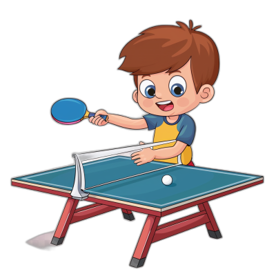 cartoon kid playing table tennis, clip art style on black background