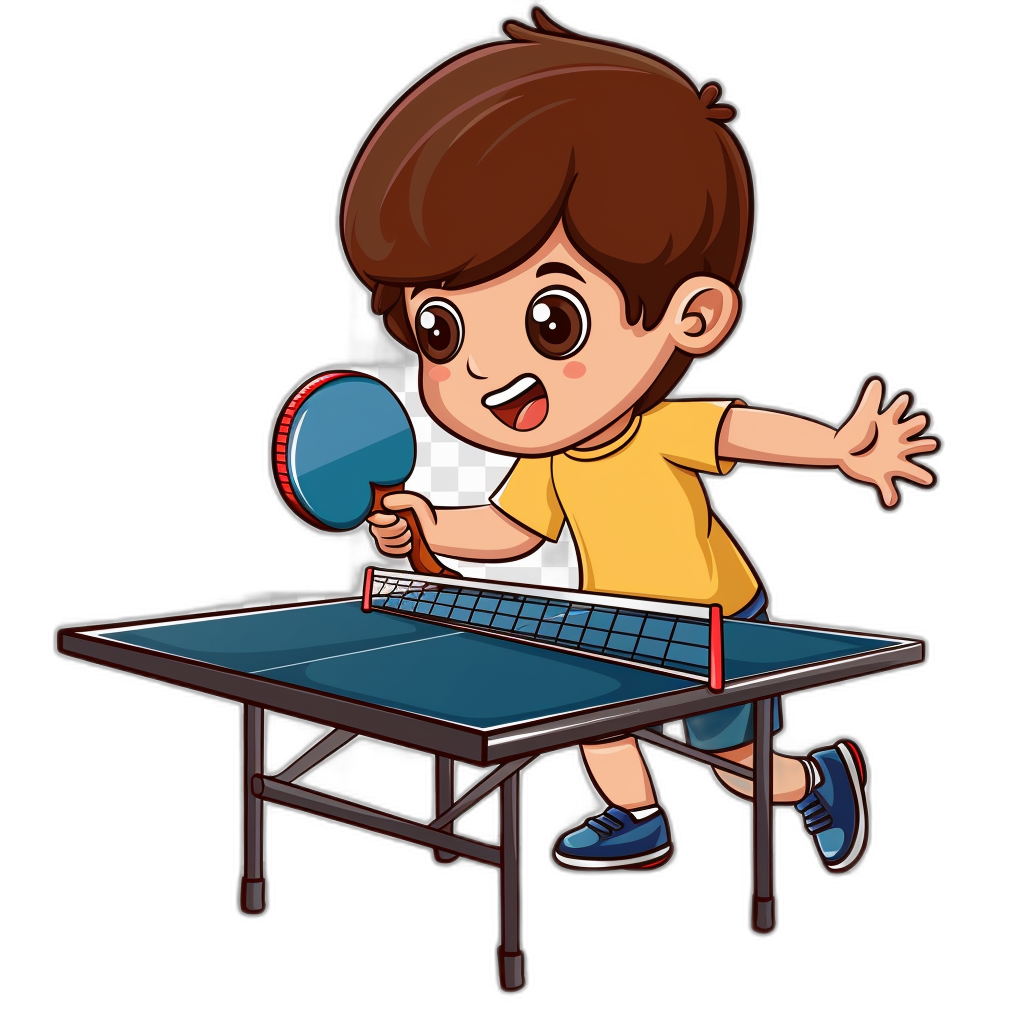 cartoon child playing table tennis, vector design, black background, flat colors, vector art style, clipart