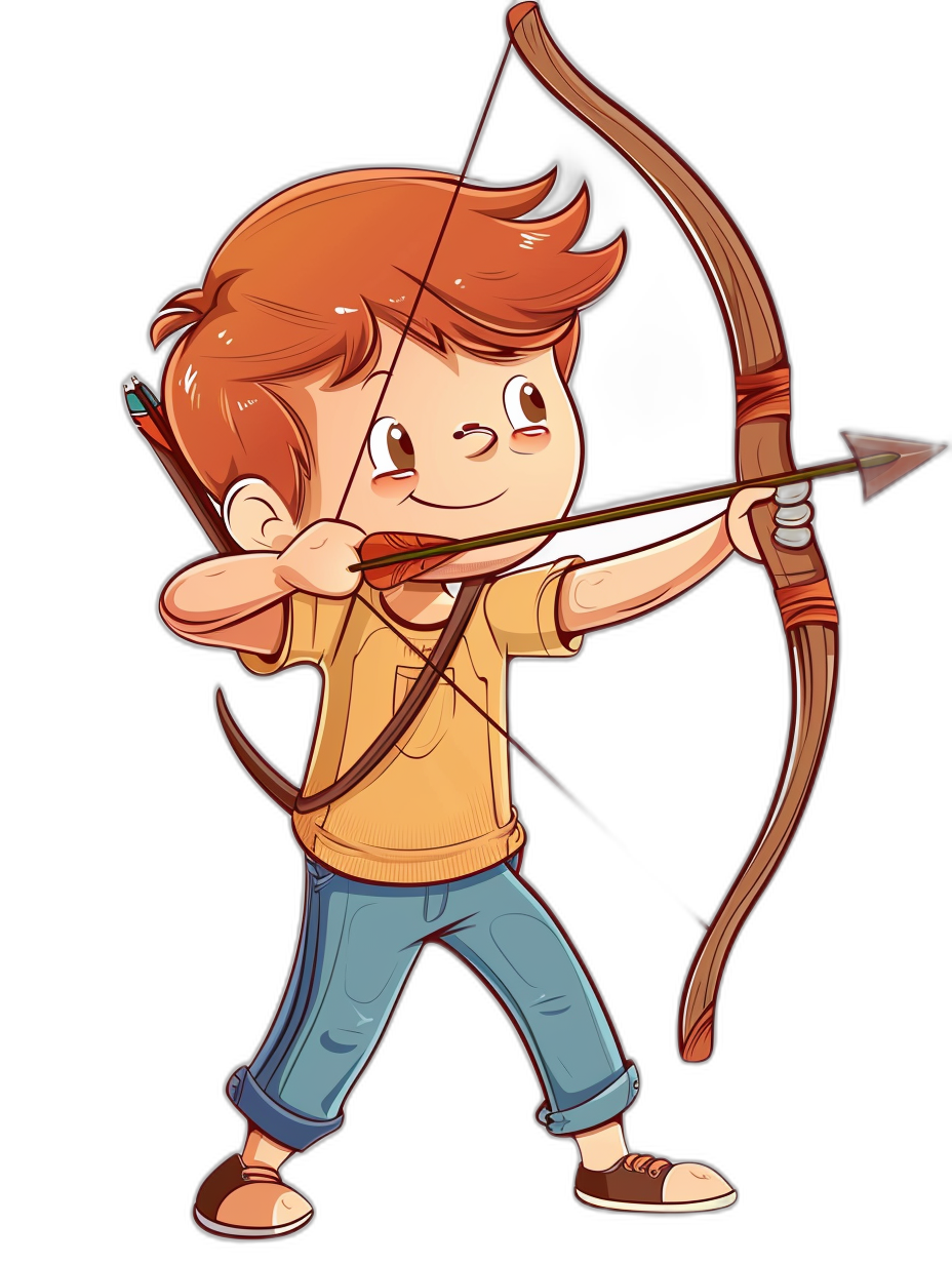 An archery game with cartoon style character designs for a mobile game with a black background. A boy is holding a bow and arrow in the style of ginger hair color.