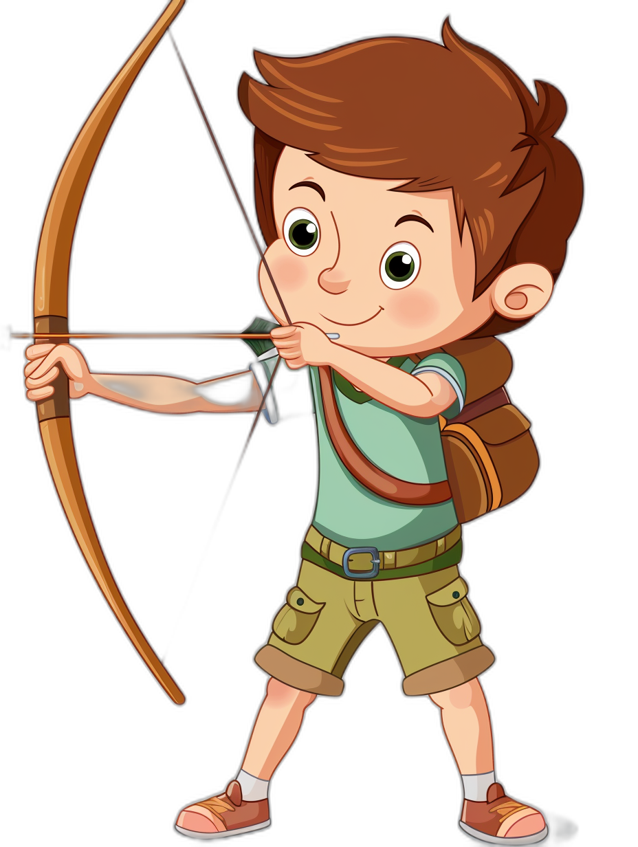 cartoon clip art, A boy is shooting with an arrow. He has brown hair and green eyes, wearing shorts and a white shirt. There is a black background. He has a bow in his hand and is ready to shoot. The cartoon style should be simple yet expressive, capturing the essence of adventure and playfulness, with bright colors and clear outlines for child-friendly appeal. In a full body shot in the style of archery, holding back his foot.