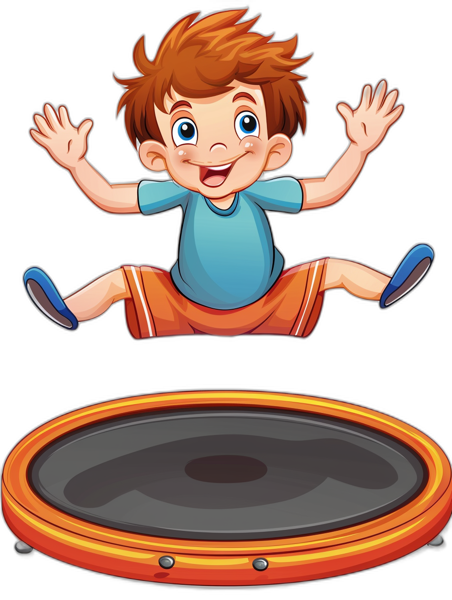 A cartoon vector illustration of an excited boy jumping on the trampoline, black background clipart