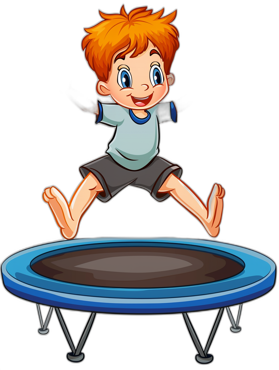 A cartoon boy jumping on the trampoline, vector illustration style with black background. The character is wearing blue short sleeves and dark shorts. He has orange hair and big eyes. His face shows joy as he jumps high above his body. A detailed view of him in mid-air jumping over an empty round brown mat that resembles a small or large trampolines for children’s play areas. No text should be visible in the picture. Isolated black background. Vector Illustration