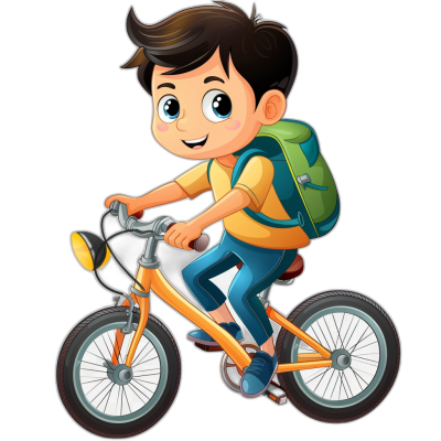 A cartoon boy riding an orange bike with blue jeans and a yellow shirt, a green backpack on his back, against a black background, in the style of a vector illustration with simple lines and no shadows, in a flat design style, as a high resolution, colorful portrait. He has black hair, a cute facial expression, and a happy mood, with short brown hair and big eyes. He is smiling brightly while he rides the bicycle. The boy has a dark skin tone. He appears full of joy as if it were fun to ride from a front view.