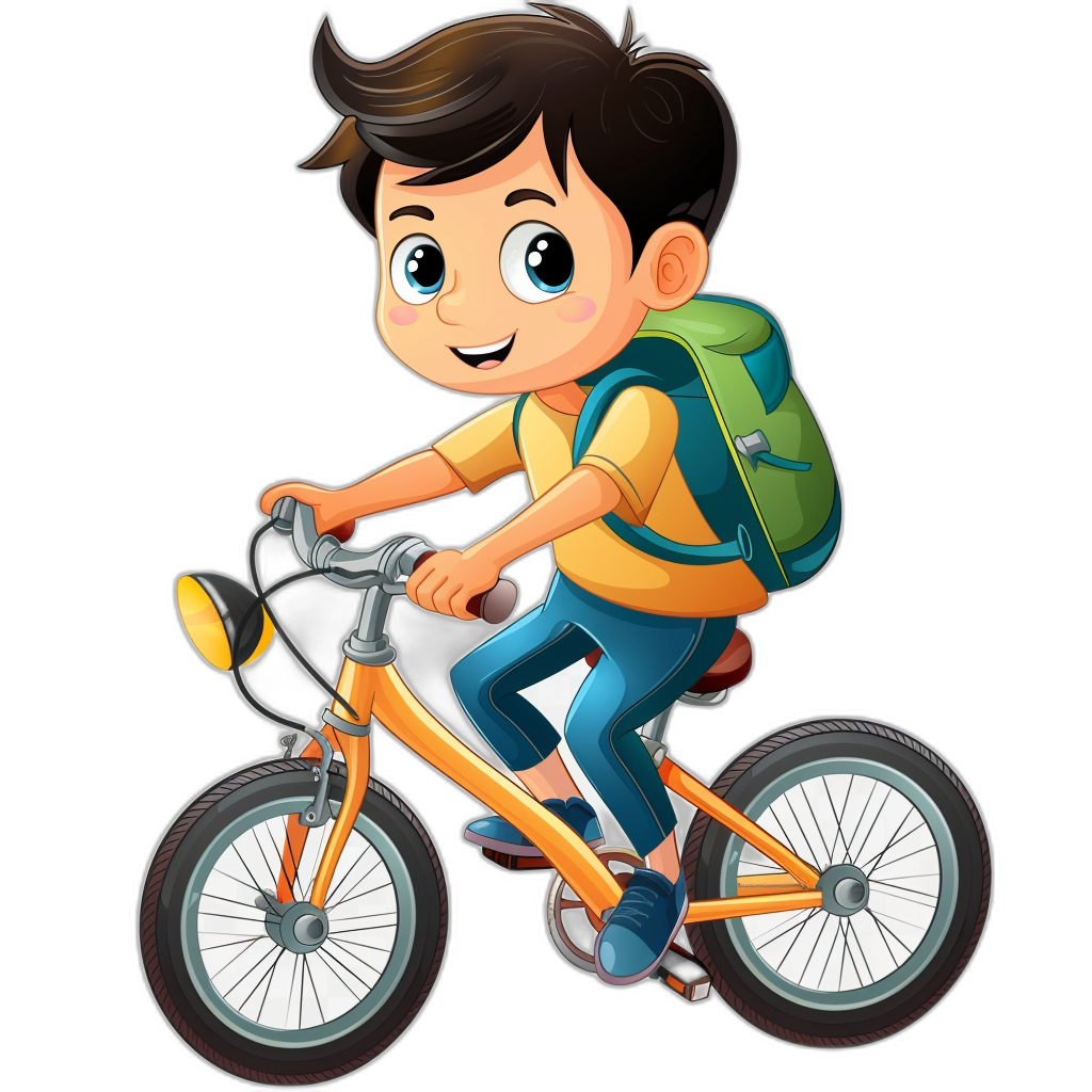 A cartoon boy riding an orange bike with blue jeans and a yellow shirt, a green backpack on his back, against a black background, in the style of a vector illustration with simple lines and no shadows, in a flat design style, as a high resolution, colorful portrait. He has black hair, a cute facial expression, and a happy mood, with short brown hair and big eyes. He is smiling brightly while he rides the bicycle. The boy has a dark skin tone. He appears full of joy as if it were fun to ride from a front view.