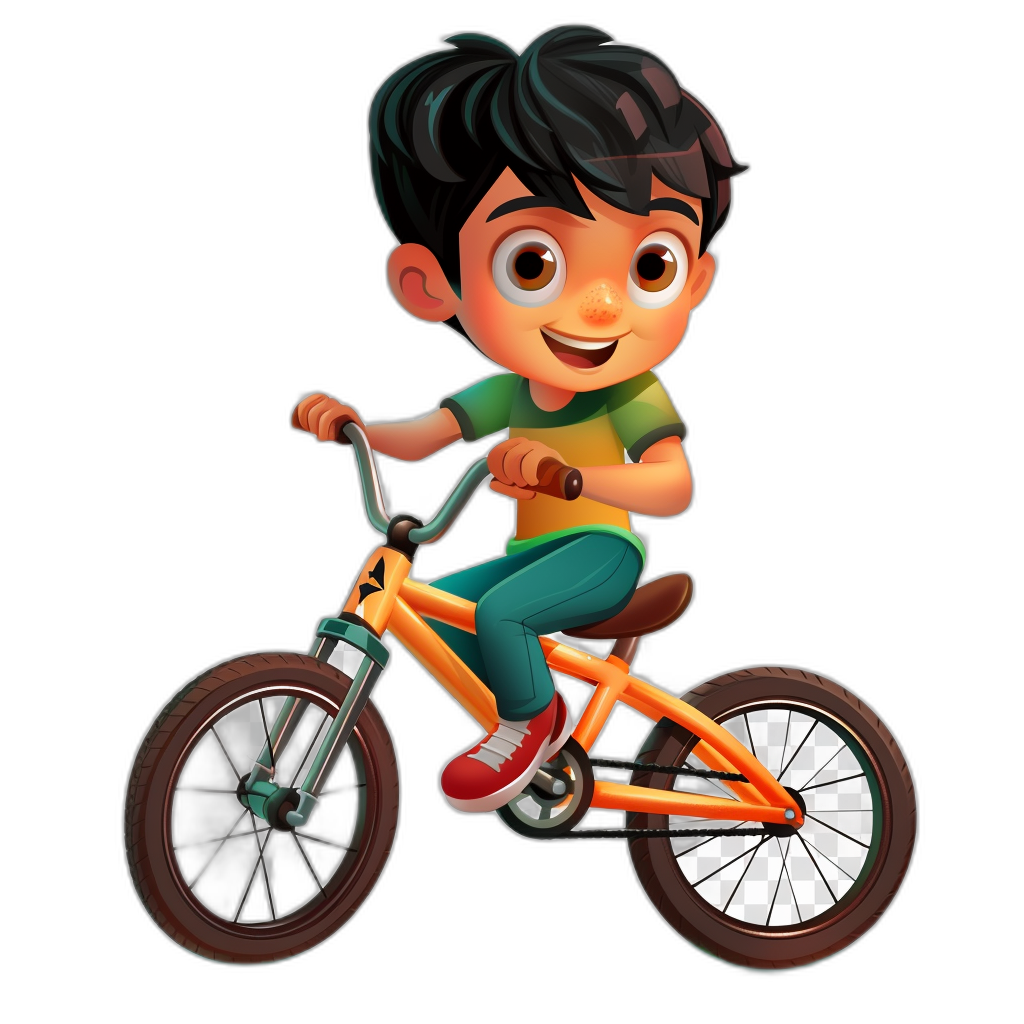 A cute Indian boy cartoon character on a bicycle, wearing a green t-shirt and orange sneakers, smiling face with big eyes looking at the camera, short black hair, 2D game art style, in the style of Disney Pixar cartoon animation, full body shot, on an isolated background.