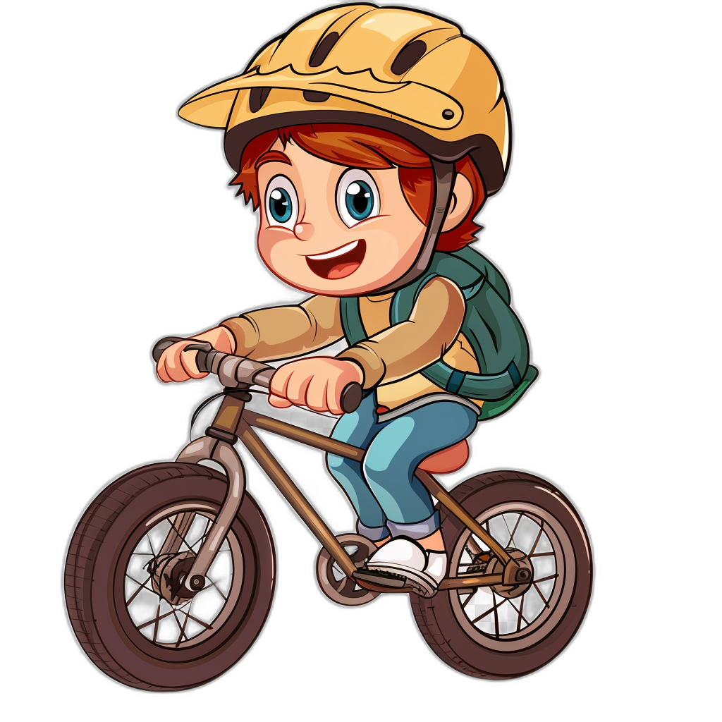 A cartoon-style boy riding his bike in a vector illustration style with flat colors and a black background. The character is wearing a helmet and backpack while sitting on the bicycle’s seat. He has blue eyes and red hair, dressed in casual  for school or sports activities. His outfit includes shorts and sneakers. In front of him, there’s an angled view showing two wheels and one wheel resting on the ground, indicating he was about to make eye contact at that moment, with a focus on his face.