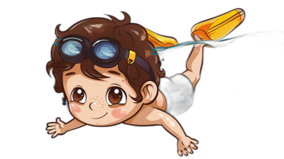 A cute cartoon baby boy is swimming, wearing goggles and swim trunks with black background. The character has brown hair and big eyes. He wears yellow diving shoes on his feet. This illustration uses flat design techniques to create a simple vector graphic style.