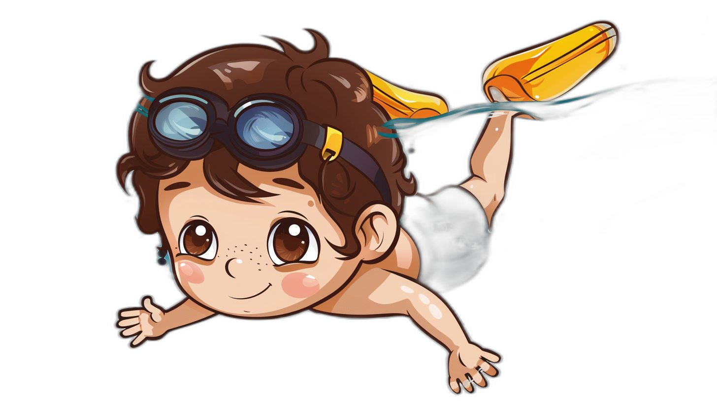 A cute cartoon baby boy is swimming, wearing goggles and swim trunks with black background. The character has brown hair and big eyes. He wears yellow diving shoes on his feet. This illustration uses flat design techniques to create a simple vector graphic style.