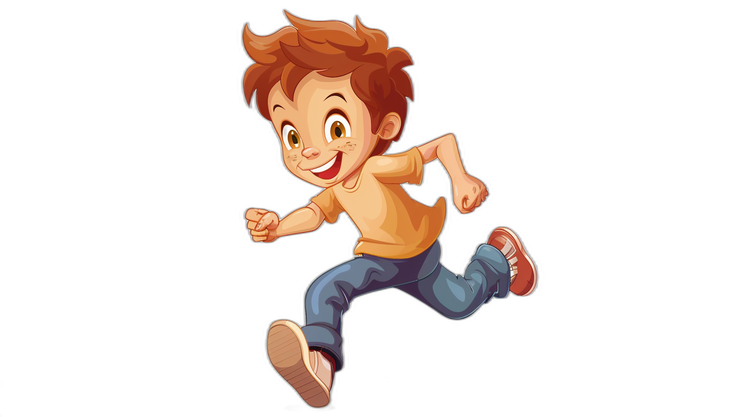 Cartoon illustration of a boy running, with a simple and clean design on a black background, in the cute style of colorful cartoon characters at a high resolution, high quality, and with high detail.