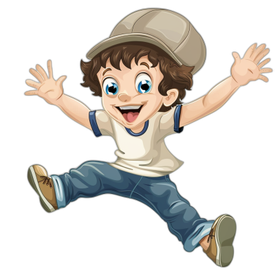 vector cartoon of happy boy wearing cap and jeans, jumping in air with black background, white t shirt and blue eyes