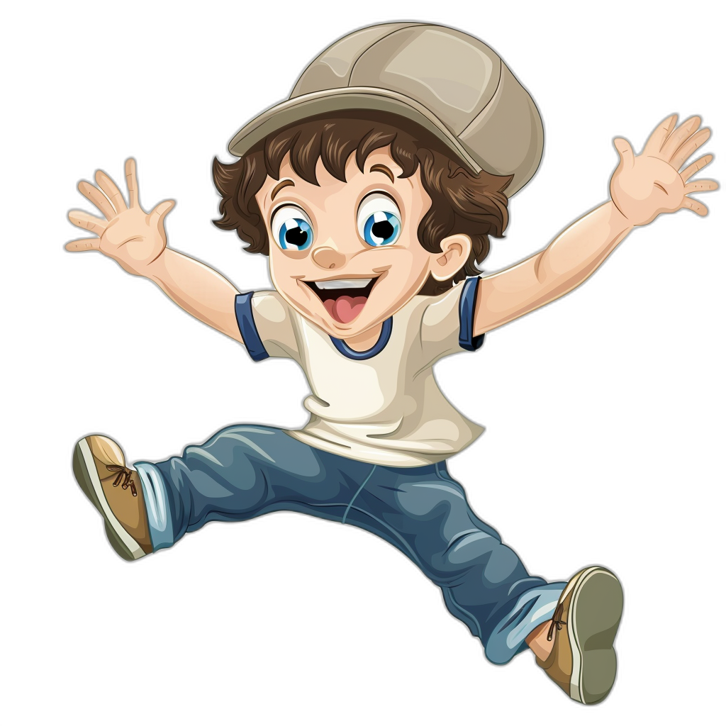 vector cartoon of happy boy wearing cap and jeans, jumping in air with black background, white t shirt and blue eyes