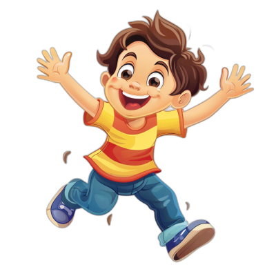 A happy boy is jumping in a children's book illustration style that is simple and cute with a full color illustration and a black background.