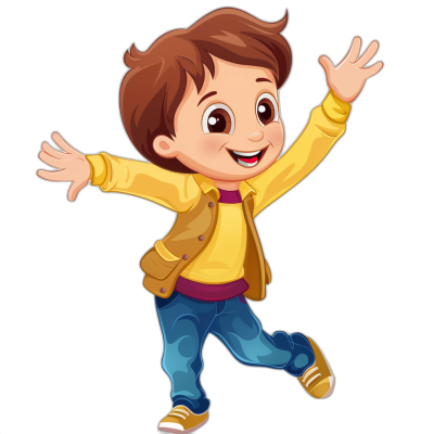 Cute cartoon boy, waving and smiling with brown hair wearing yellow jacket and blue jeans jumping on black background vector illustration PNG cutout isolated