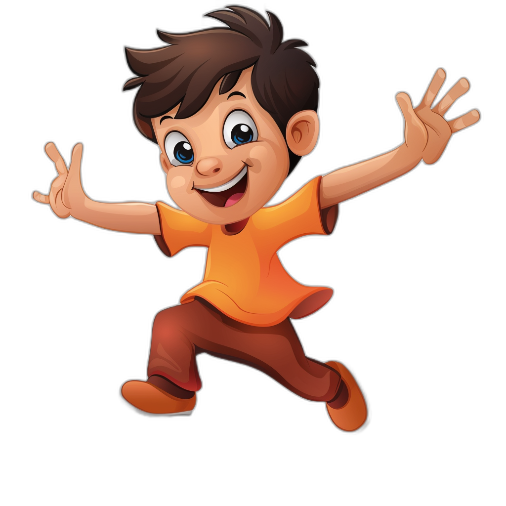 boy cartoon character with brown hair and orange shirt jumping, smiling vector illustration on black background