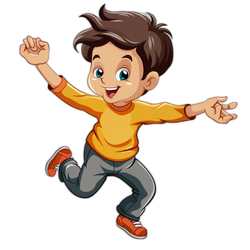 A cartoon illustration of a happy boy jumping in the clip art style on a black background.