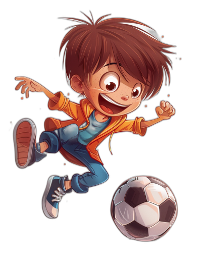 An illustration of a cute cartoon character in the style of Pixar, playing soccer with joy and excitement on a black background. The boy has brown hair and is dressed casually wearing blue pants and an orange jacket. He's kicking a ball and smiling. It should have vibrant colors and be in a full-body view. Make sure his face reflects happiness as he plays. Use clean lines to depict details like facial expressions,  textures, and motion effects such as movement blur for dynamic action scenes.