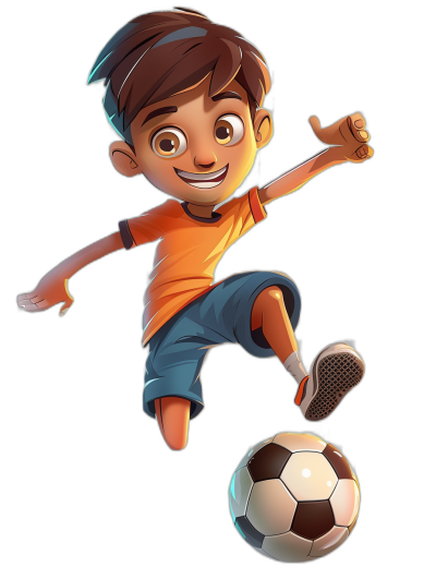 cartoon character of a young boy playing soccer with a smiling face in a full body shot. A flying ball is in front of him against a black background in high resolution. The style is 3D cartoon in the style of Pixar studio art and Disney movie poster art. He is wearing an orange t-shirt and blue shorts with a flying ball on the ground. He has dark brown hair with white highlights, brown eyes, and brown skin tone. Wearing sneakers, he has a 45 degree view with a simple and minimalistic 2D flat design without an outline.