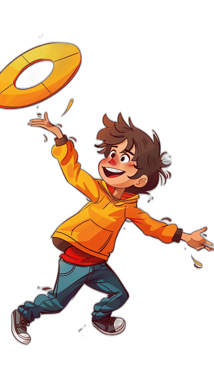 A cartoon boy in an orange jacket and blue jeans is smiling while throwing the frisbee. He has dark brown hair with some white highlights and wears black shoes. Black background, simple style, full body portrait, cartoon illustration, in the style of Disney Pixar animation. The yellow frisbee floats at half height next to him.