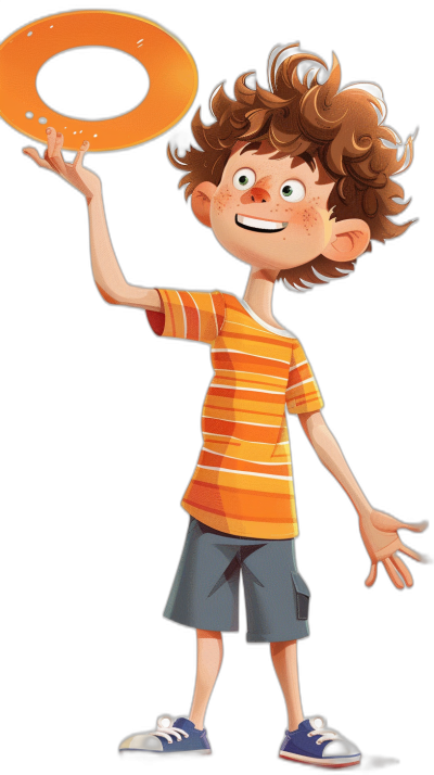 A cute boy is holding up an O-shaped frisbee, with short curly hair and wearing shorts, standing upright in the style of children's book illustrations. He has bright eyes, a smiling face, an orange T-shirt, blue shoes, and a black background. The flat illustration has a character design resembling Pixar animations. The lines have a strong three-dimensional sense.