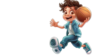 illustration of a cartoon kid playing basketball, wearing blue and white , smiling with brown hair on a black background, in the vector art style, a full body shot, high resolution, character sheet, dynamic pose, character design for a game in the style of Pixar studio, in a 2D animation style, a colorful illustration, a cute detailed digital art with high detail