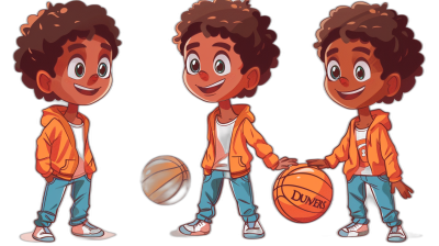 a cute young black boy character with curly hair, multiple poses and expressions, basketball ball , wearing orange jacket white tshirt blue jeans, vector illustration style for children's book, digital art by Disney Pixar studio, black background, character design sheet