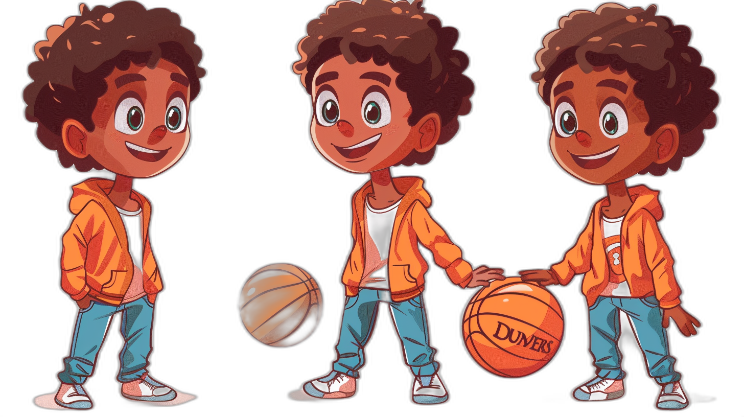 a cute young black boy character with curly hair, multiple poses and expressions, basketball ball , wearing orange jacket white tshirt blue jeans, vector illustration style for children’s book, digital art by Disney Pixar studio, black background, character design sheet