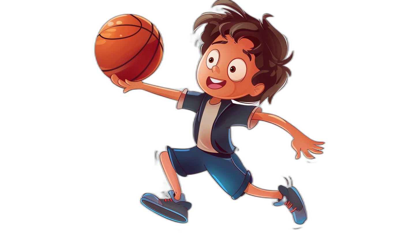 A cartoon boy is playing basketball, jumping to dunk the ball in his hand. He has brown hair and wears blue shorts with white shoes on a black background. The illustration style should be in the style of vector-like, focusing on bold lines and solid colors for character features.