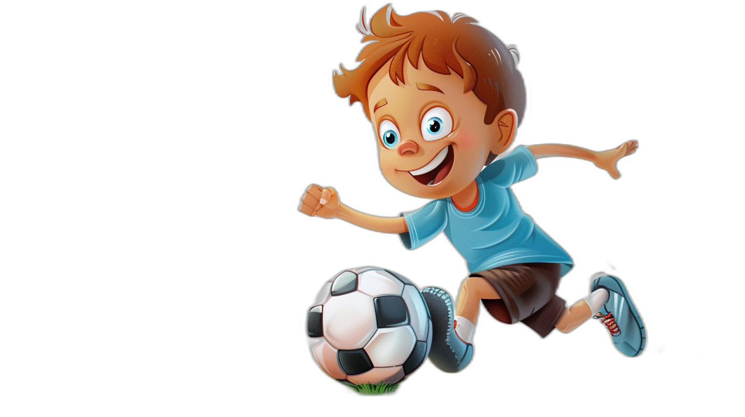 Cartoon of a happy boy playing soccer, isolated on a black background, in the style of Pixar.