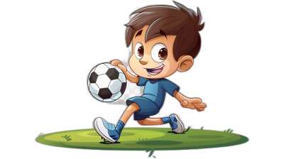 Cartoon style, cute boy playing soccer on a black background, cartoon character design sheet with different poses and expressions. The young football player is wearing blue shorts and a short-sleeved shirt, holding the ball in his hand while running towards us. He has brown hair and big eyes that reflect light as he smiles at you. Black isolated background to highlight details of  and facial expression.