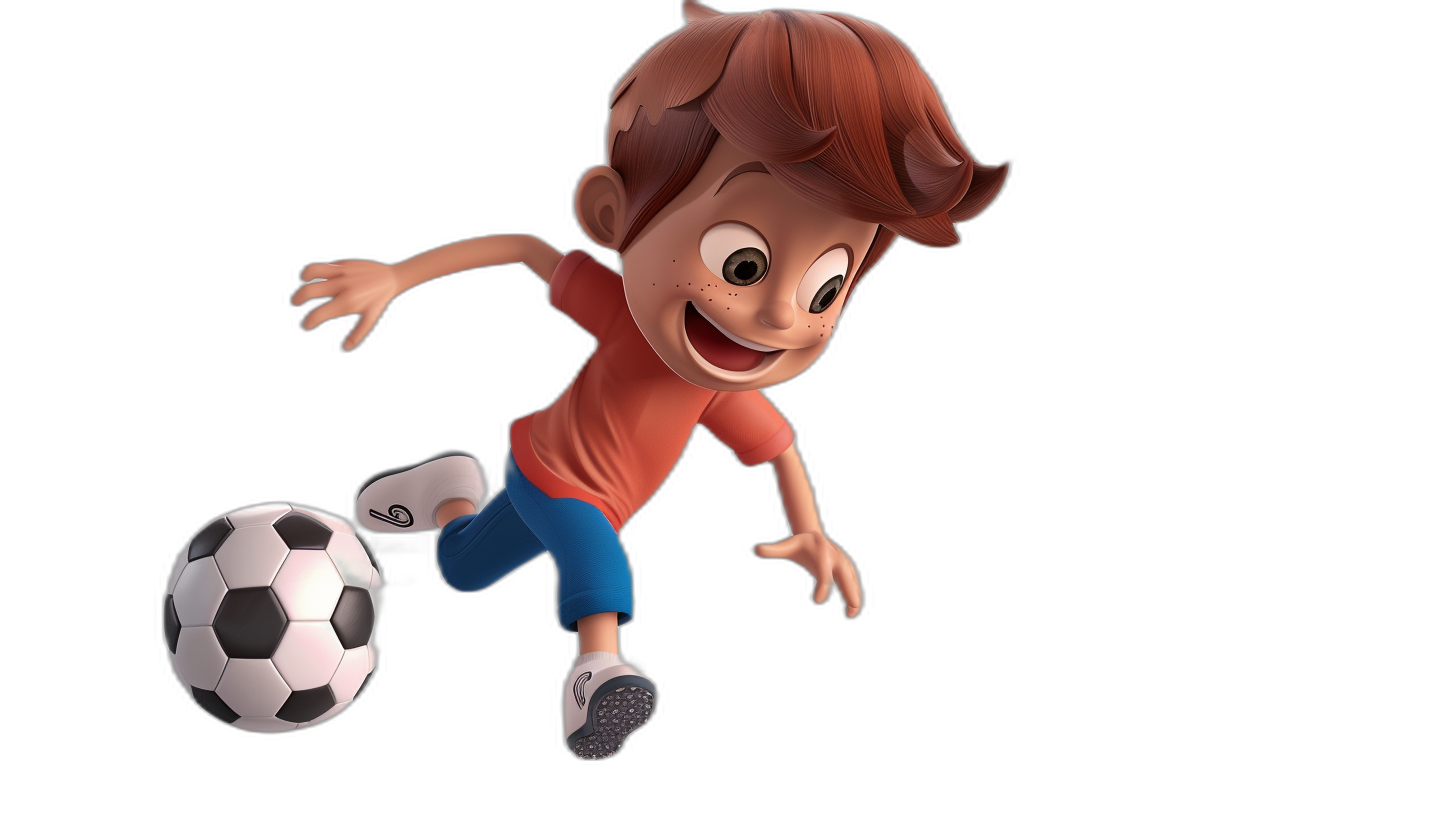 A young boy with brown hair playing soccer, he is smiling and kicking the ball in the style of cartoon style 3d pixar animation character design on black background.