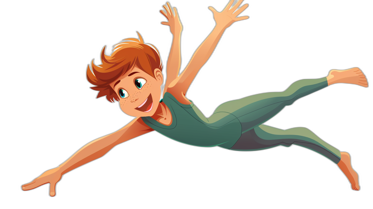 cartoon character, a young man with short brown hair and blue eyes wearing a green gymnastics outfit flying through the air on a black background, full body, vector art style, high resolution, no shading in the style of Disney Pixar Animation