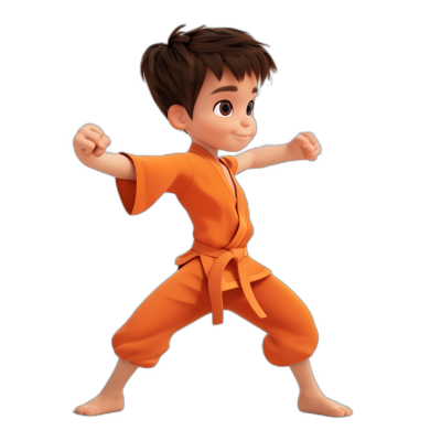 A little boy in orange karate  is practicing martial arts in the style of Pixar's cartoon character design with a black background, full body, cute and funny, 3D rendering, 2D game art, strong facial expression, simple , white skin color, front view, side lighting, jumping posture, combat action in the movie style of Disney Pixar.