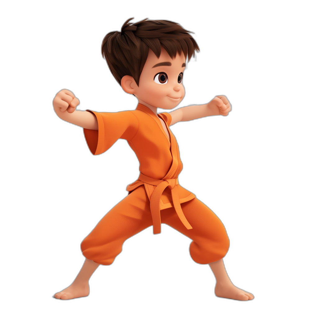 A little boy in orange karate  is practicing martial arts in the style of Pixar’s cartoon character design with a black background, full body, cute and funny, 3D rendering, 2D game art, strong facial expression, simple , white skin color, front view, side lighting, jumping posture, combat action in the movie style of Disney Pixar.