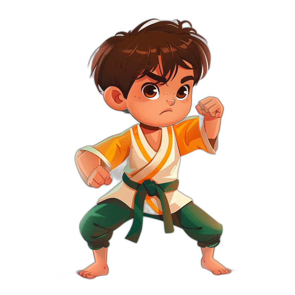 A cute little boy is practicing martial arts in the style of anime with cartoon illustrations on a black background. He is wearing green pants and white  with yellow trim around the collar and sleeves. He has brown hair tied in a ponytail and is in a ready to fight stance. It is a character design concept art with high resolution, high quality, high detail, and high contrast. The colorful illustration is a digital painting showing a full body portrait from the front on a black background.