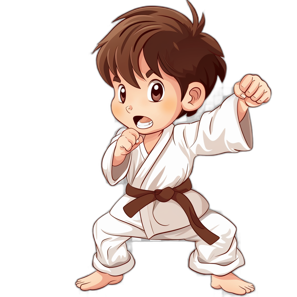 cartoon, chibi style of boy doing karate in a white outfit with a brown belt on a black background in the style of an unnamed artist